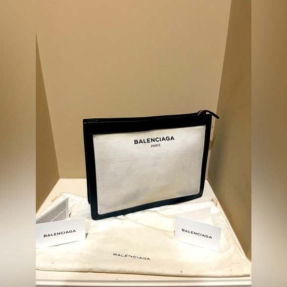 Balenciaga Large Canvas Logo Leather Trimmed Clutch - Picture 2 of 14
